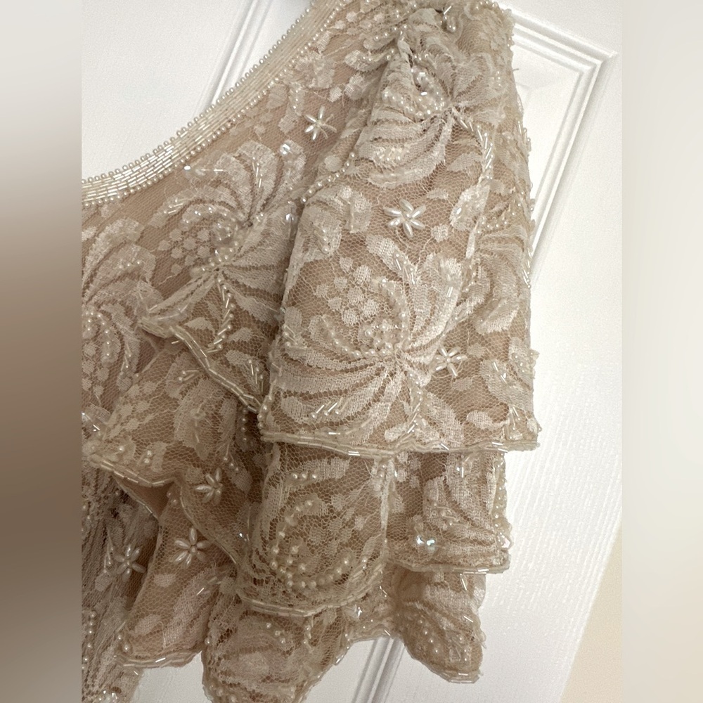VTG Nude Beige Lace Pearl Beaded Dress- UPDATED PHOTOS w MEASUREMENTS - Picture 7 of 16